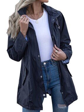 Women's Navy Hooded Striped Lined Waterproof Active Hiking Packable Rain Jacket